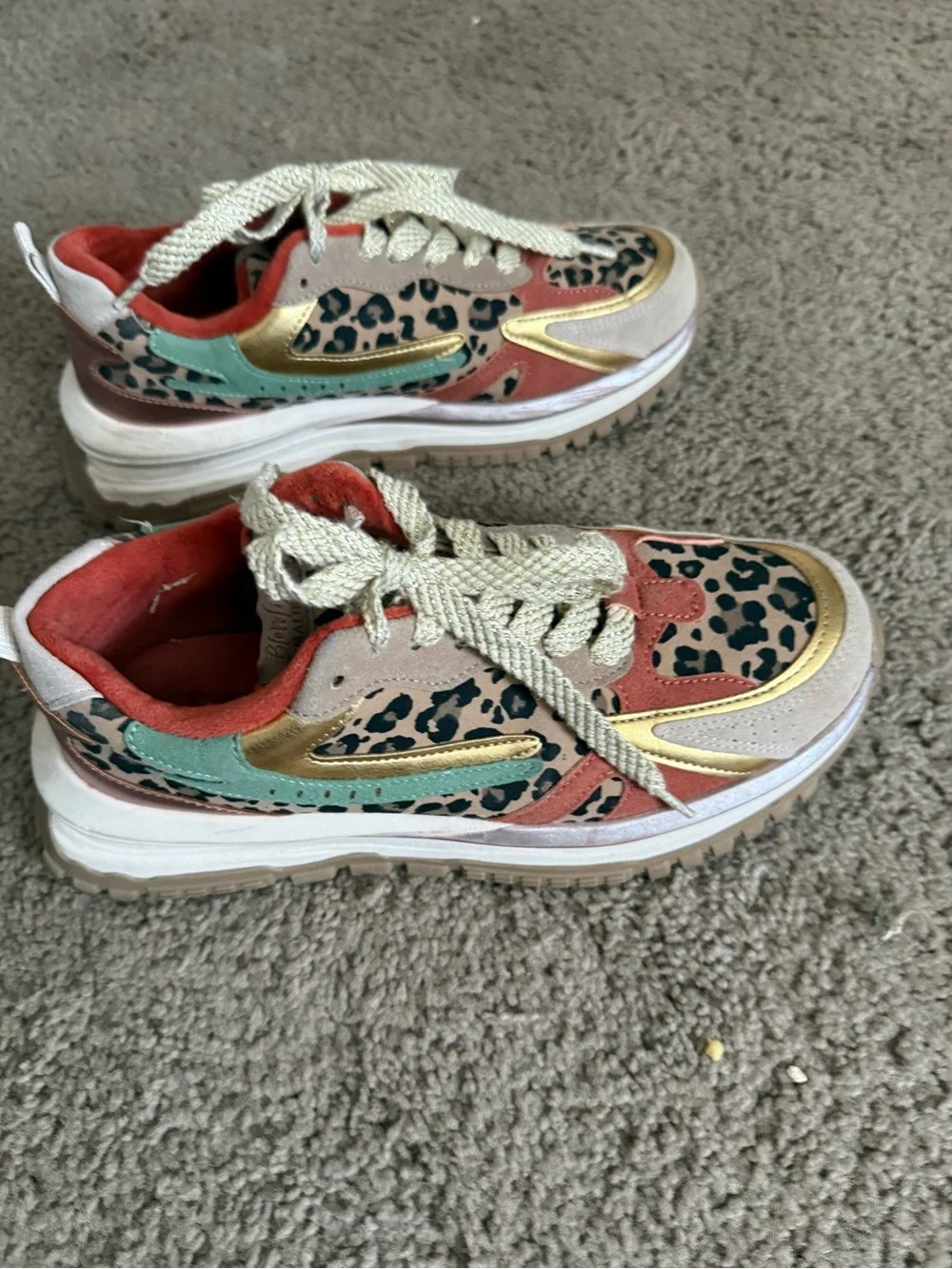 Women’s Leopard Accent Athletic Sneakers in Coral, Gold, and Mint